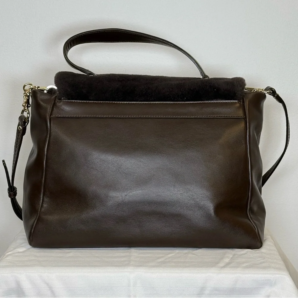 Varriale Italian Dark Brown Leather And Shearling Messenger Bag Adjustable Strap - Picture 3 of 16